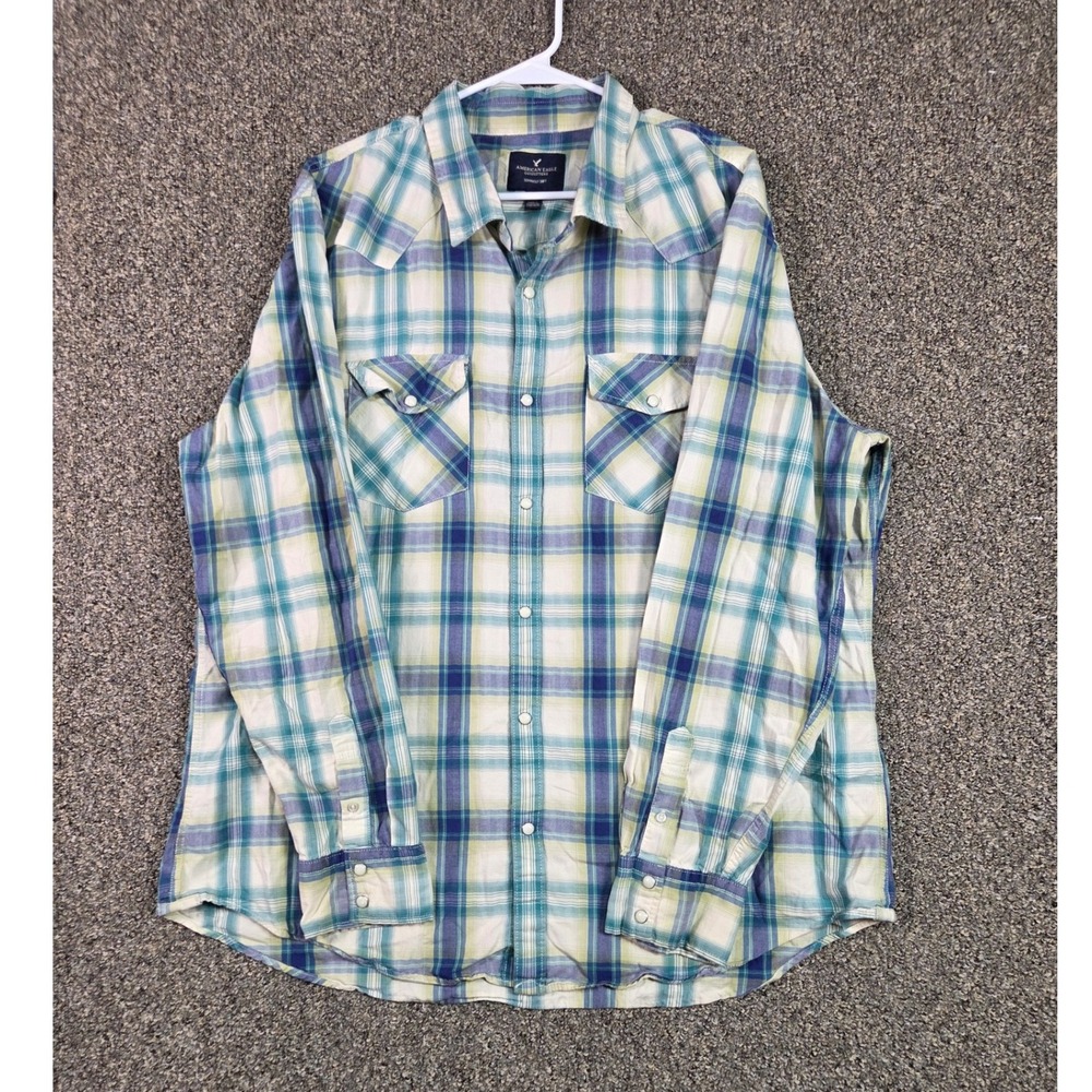 American Eagle Western Shirt Mens‎ XXXL Blue Green Plaid Snap Seriously Soft